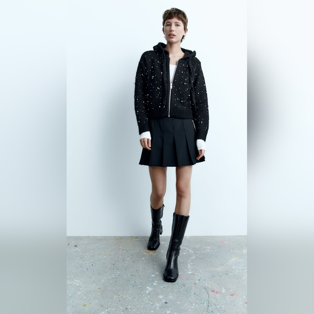 ZARA SHINY KNIT JACKET STUDDED HOODIE